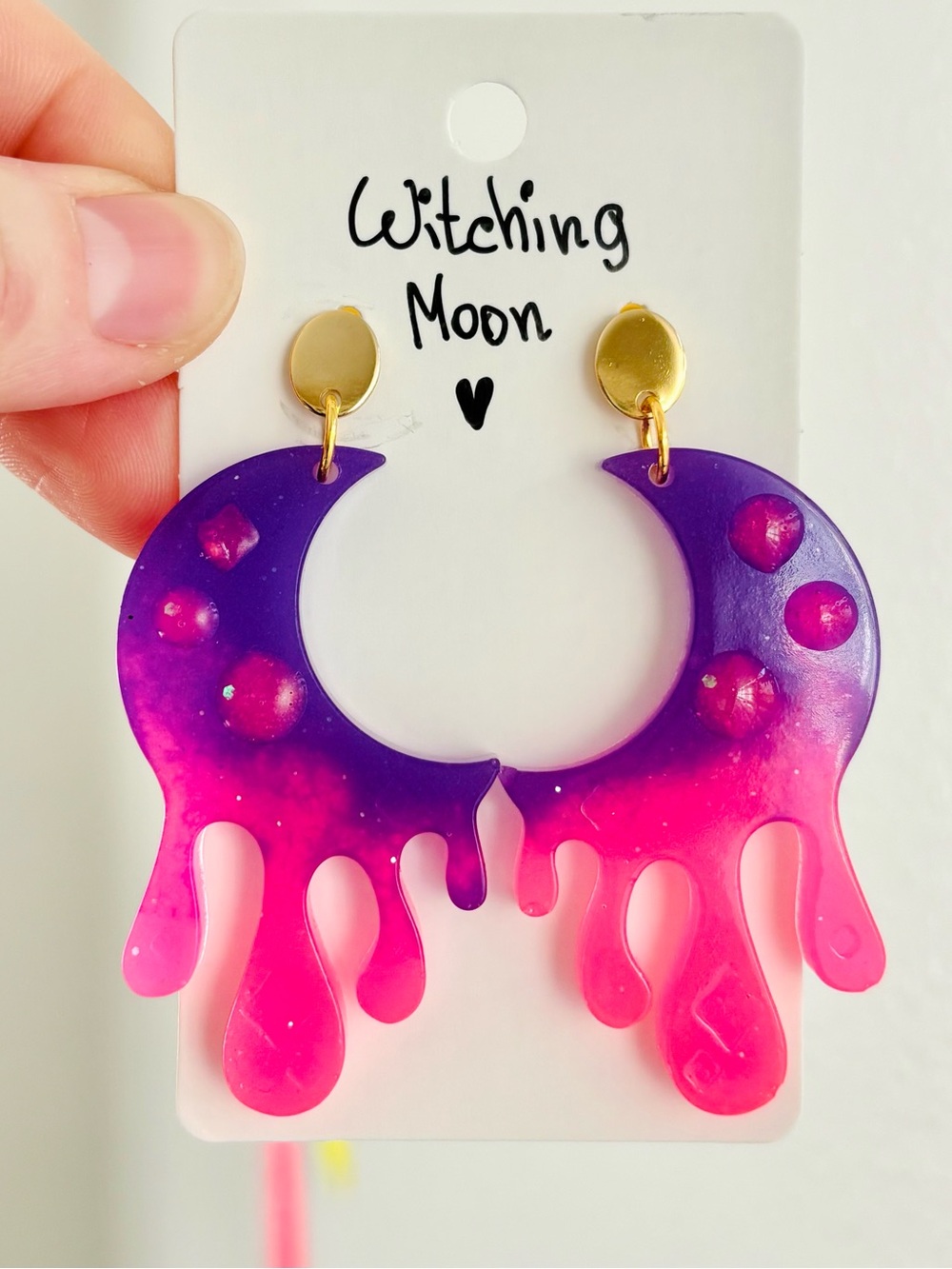Glow in the Dark Moon Earrings with Neon Drips Witchy Halloween Handmade Jewelry